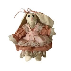 Vtg Cloth Stuffed Bunny Handmade With Ribbons 13”